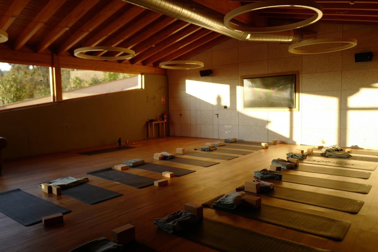 Ruangan besar dengan banyak matras yoga di lantai
